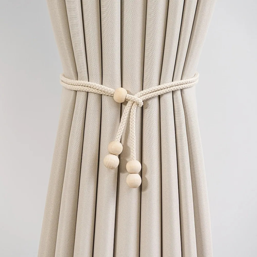 Adjustable Curtain Tiebacks with Wooden Beads | Cotton Linen