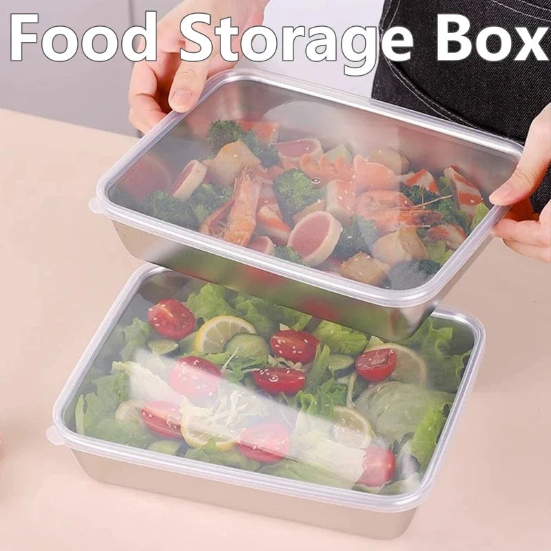 Food Storage Trays Rectangle Preservation Box with Plastic Cover Stainless Steel Multi-Function Rustproof Barbecue Food Storager Oasis Select