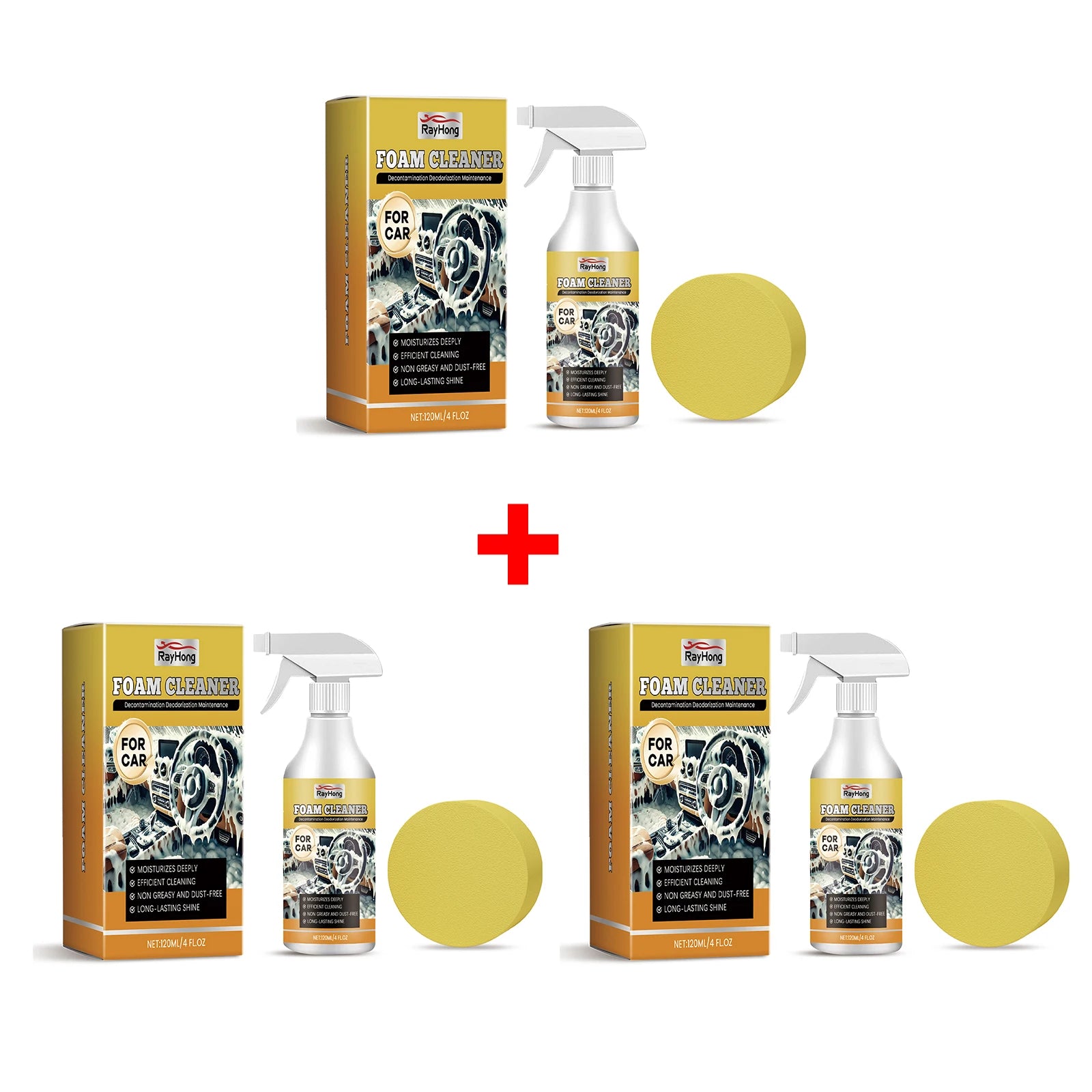 Car Foam Cleaner Spray 120ml with Sponge Stain & Odor Remover for Auto Interior/Exterior, Non-greasy Dust-Free Maintenance Spray Oasis Select 3pcs