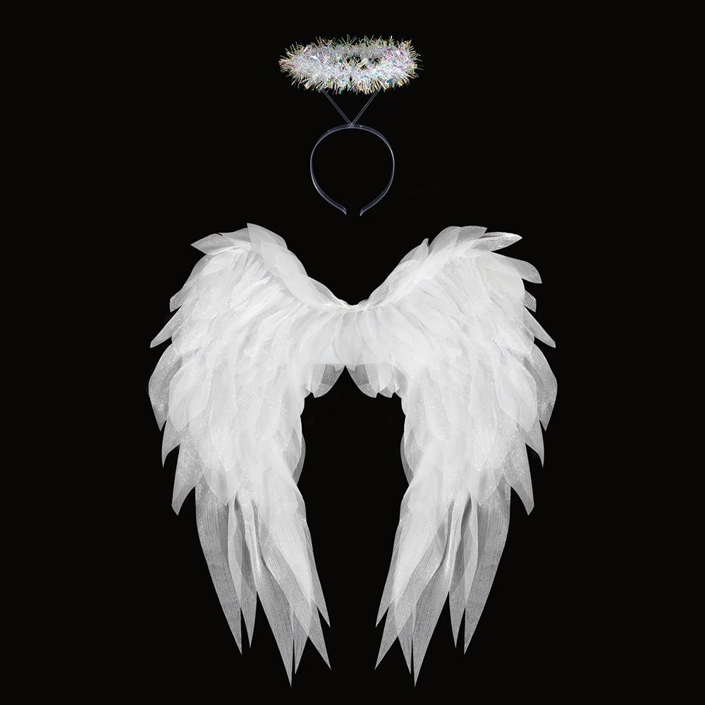 White/Black Angel Wing Real Feather Fairy Wing Dance Party Christmas Masquerade Carnival Cosplay Costume Oasis Select White-Set