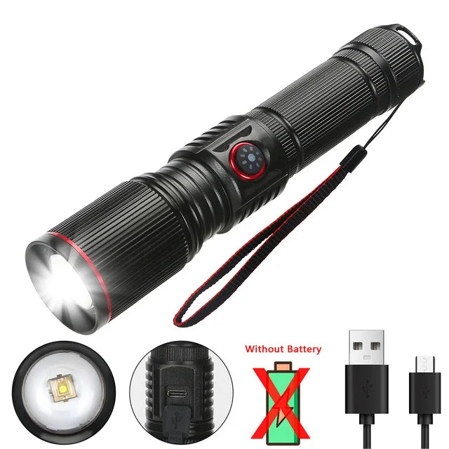 Portable Powerful LED Flashlight 2000LM Tactical Zoom Torch USB Rechargeable 18650 or 21700 Battery Camping Fishing Lantern Oasis Select without battery
