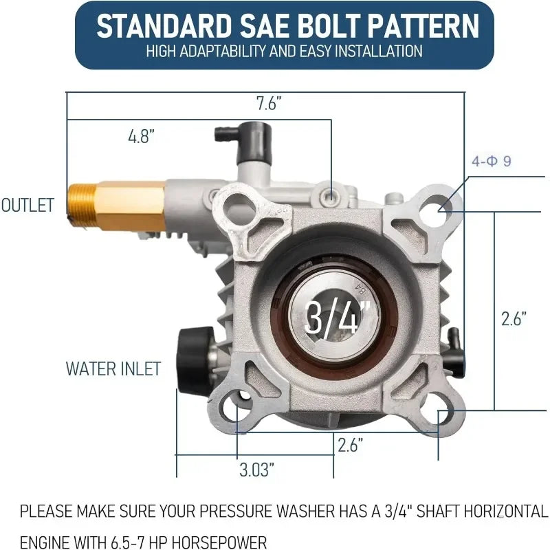 Professional Horizontal Pressure Pump Replacement - 3400PSI 2.5GPM 3/4" Shaft, Plug and Play for 1500-4000 PSI Washers Oasis Select