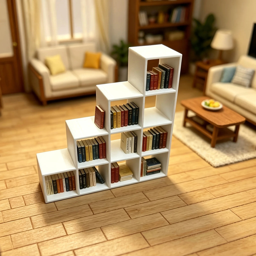 1:12 Scale Stair Step Miniature Display Shelf 3D Printed Grid Dollhouse Storage Rack Mini Organizer for Doll House Book Ornament Oasis Select
