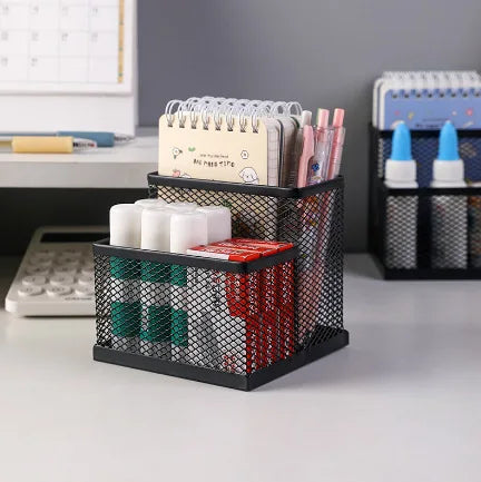 Mesh Desk Organizer Office Supplies Caddy with Pencil Holder and Storage Baskets for Desktop Accessories, 3 Compartments, Black Oasis Select 2 grids Black