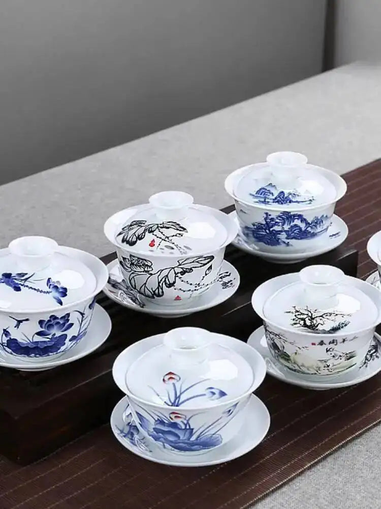 3.8-inch White Porcelain Big Cover Bowl Ceramic Tea Sancai Cover Bowl Blue And White Tea Bowl Oasis Select