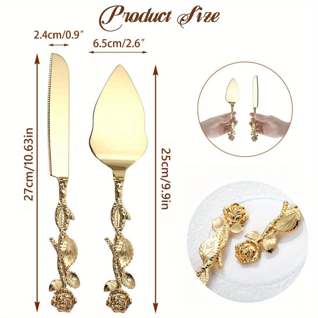 2pcs Set of Golden Color Cake Knife and Spatula Luxury Rose Shaped Handle Cake Knife for Weddings Birthday Party Tableware Gifts Oasis Select