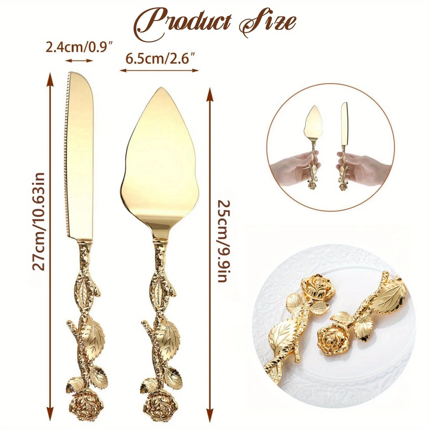 2pcs Set of Golden Color Cake Knife and Spatula Luxury Rose Shaped Handle Cake Knife for Weddings Birthday Party Tableware Gifts Oasis Select
