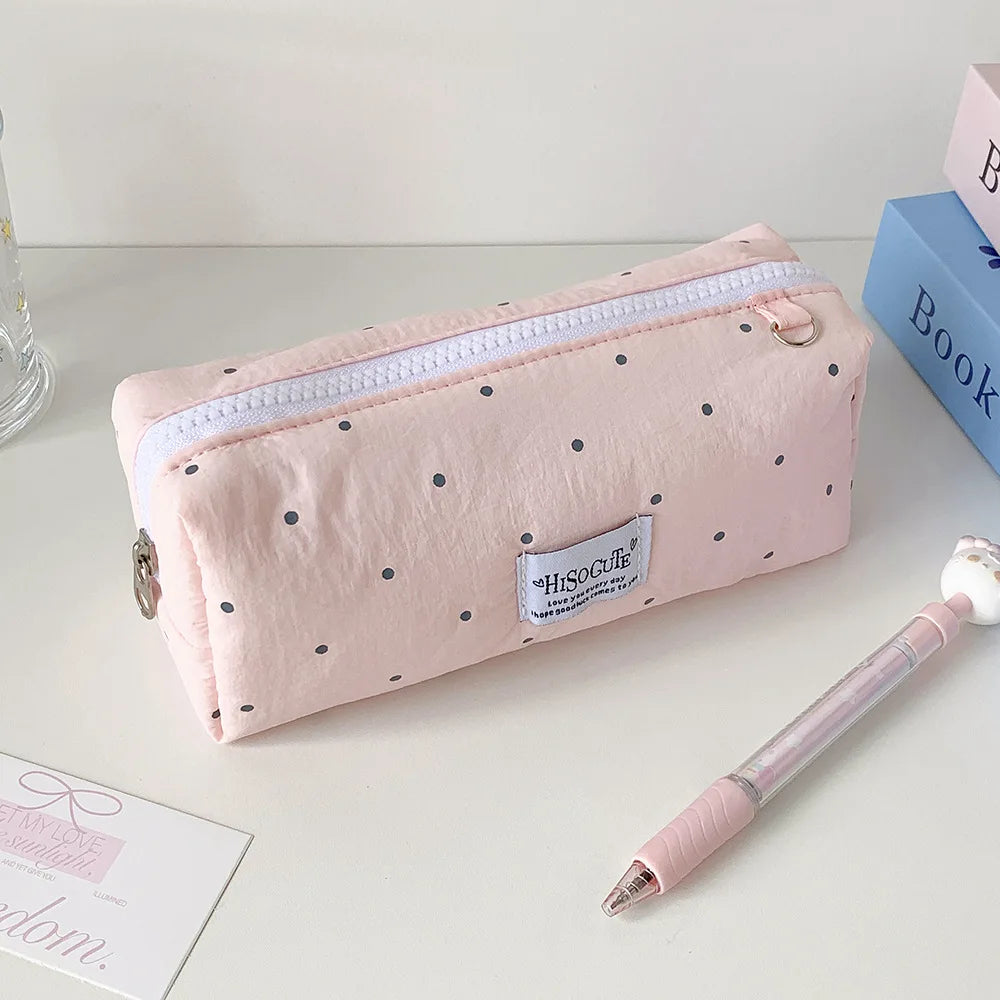 Fashion Korean Polka Dot Solid Color Pencil Case Student Stationery Large Capacity Storage Pen Bag Cute Girl Makeup Bag Gift Oasis Select pink