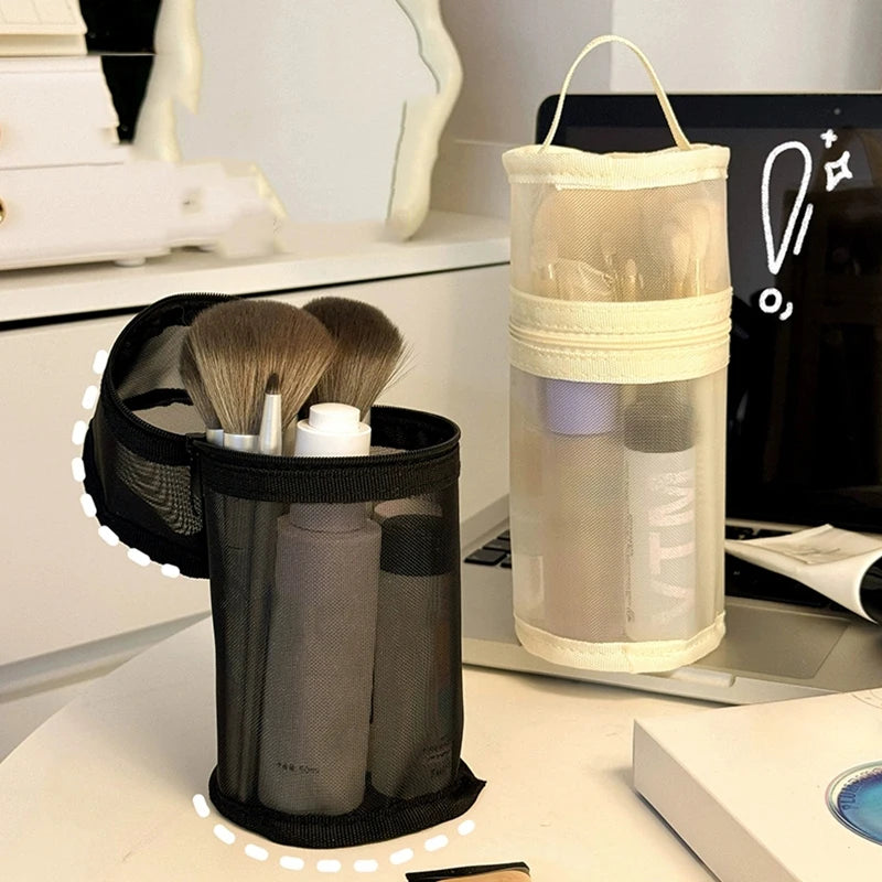 Mesh Dual-use Makeup Brush Storage Bag Portable Brush Case Simple Large Capacity Brush Bucket Holder Travel Stand-up Pouch Oasis Select