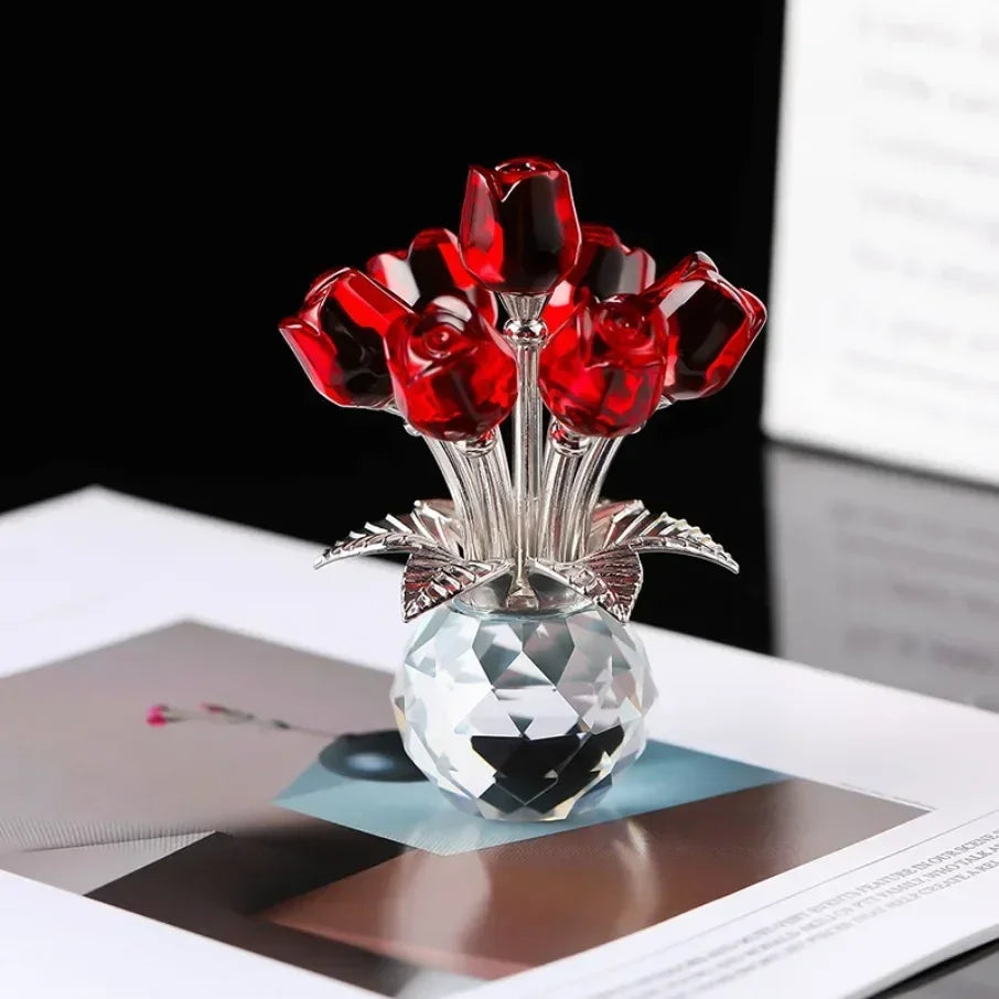 Crystal Red Rose Bouquet with Round Vase Figurines Gifts for Women Glass Bouquet Ornament Romantic Gifts Table Centerpiece Oasis Select