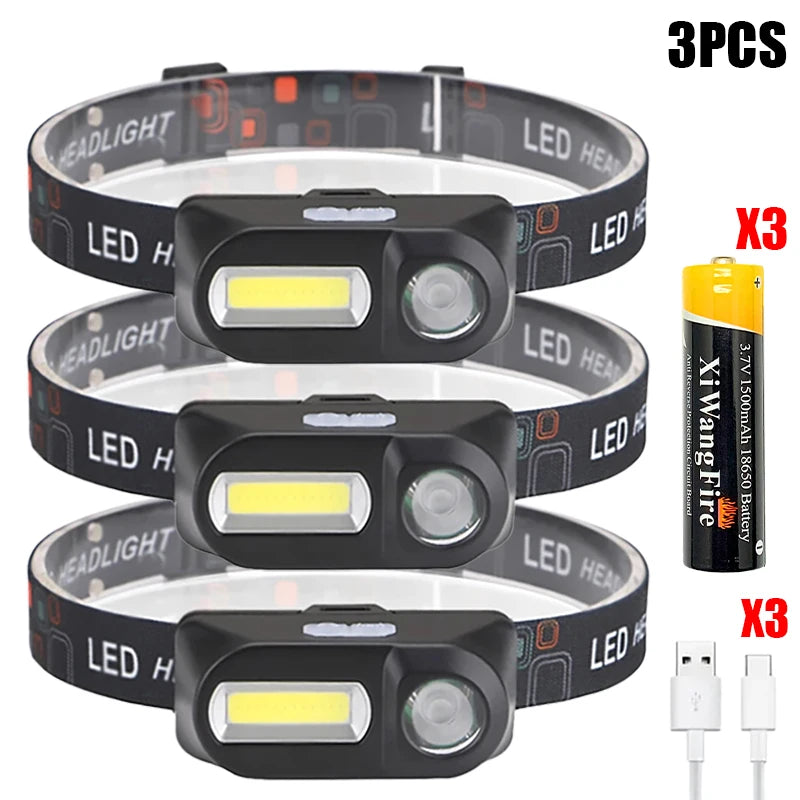 Mini Portable XPE+COB Headlamp Dual Light Source USB Rechargeable Use 18650 Battery Outdoor Camping Fishing Headlight Oasis Select 1500mAh 3PCS