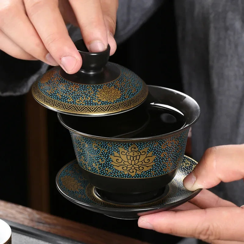 Chinese Teaset Classical Gaiwan Tea Cups Black Clay Tureen Lid Bowl Saucer Traditional Handmade Tea Brew Tea Cup Oasis Select