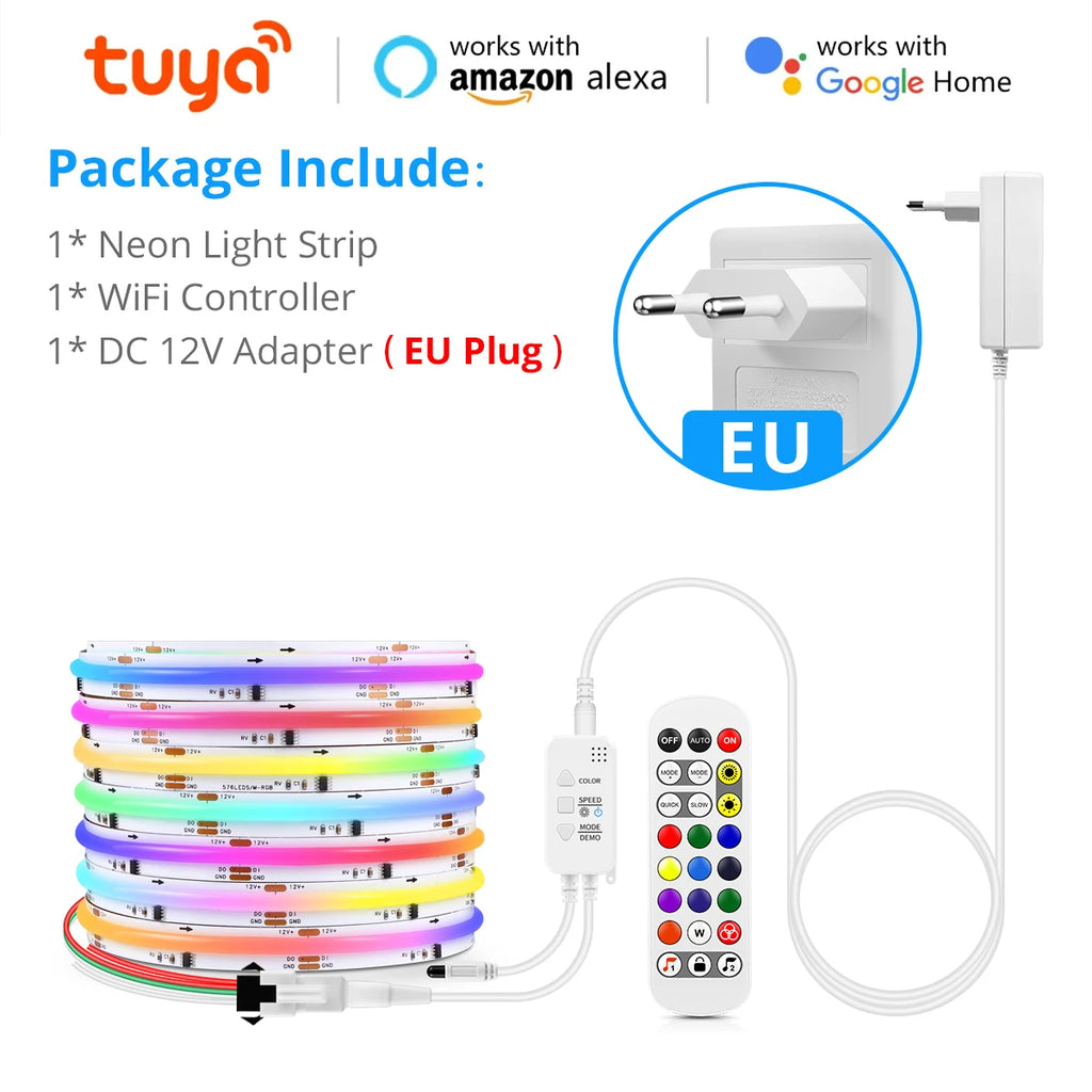 12V Tuya Smart Life App Control RGBIC COB LED Strip Light DIY Addressable WS2811 IC Flexible Tape Ambinet Light for Alexa Google Oasis Select European Power Plug DC 12V 1M Set