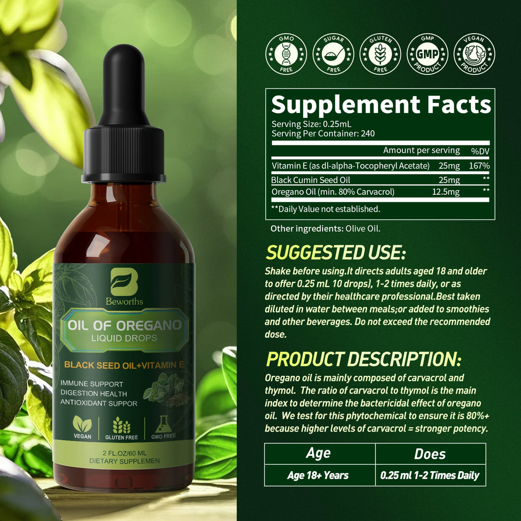 BEWORTHS Oregano Oil Drop with Black Seed Oil, Vitamin E for Immune,Antioxidant,Gut Detox Cleanser Support Non-GMO,Vegan Oasis Select