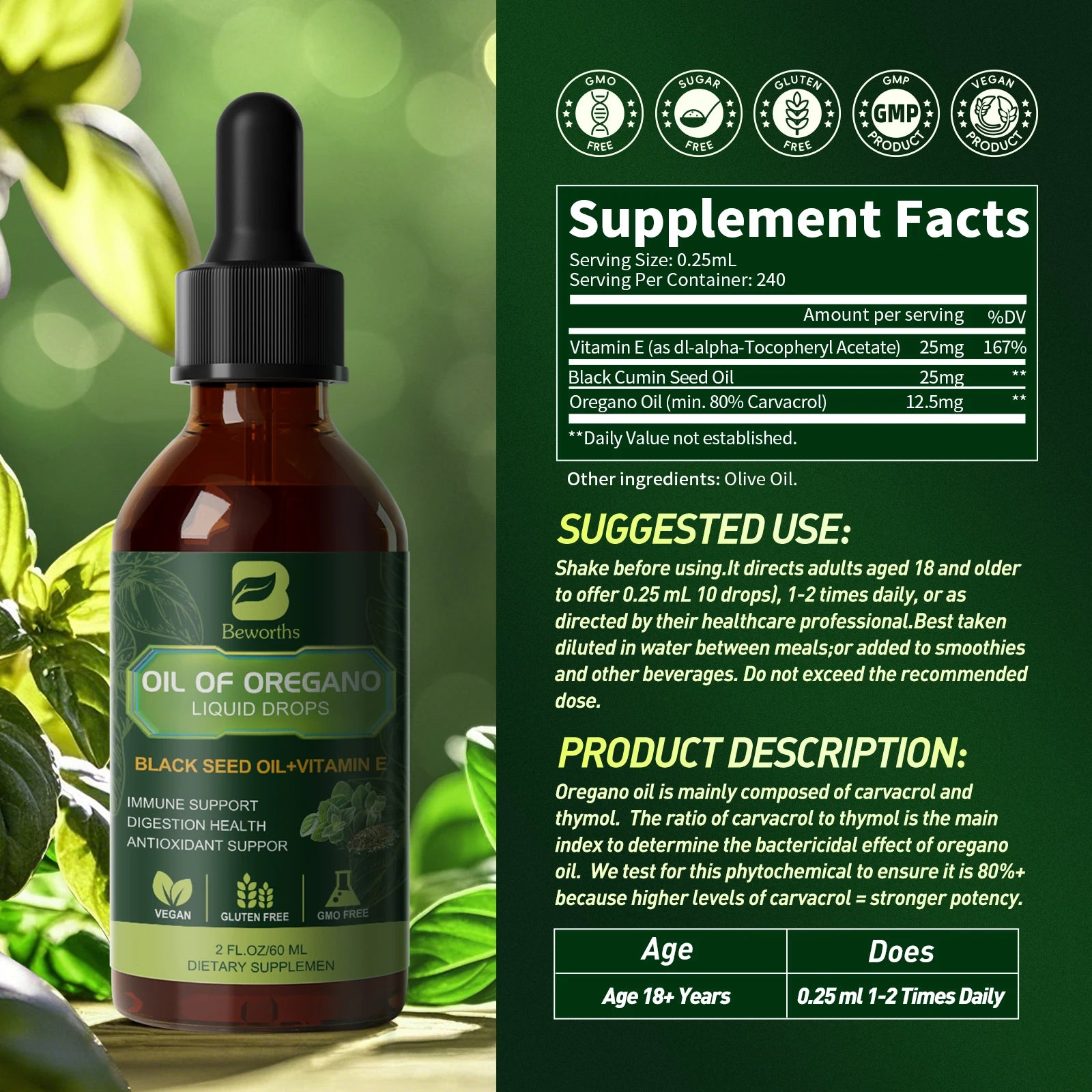 BEWORTHS Oregano Oil Drop with Black Seed Oil, Vitamin E for Immune,Antioxidant,Gut Detox Cleanser Support Non-GMO,Vegan Oasis Select