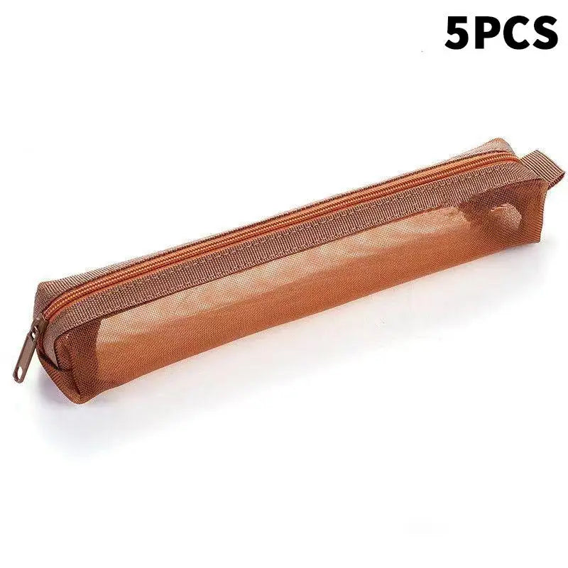 1/5Pcs Mesh Pencil Case Portable Zipper Pouch Stationery Organizer Students Exams Pencil Case School Stationery Supplies Oasis Select 5PCS Brown