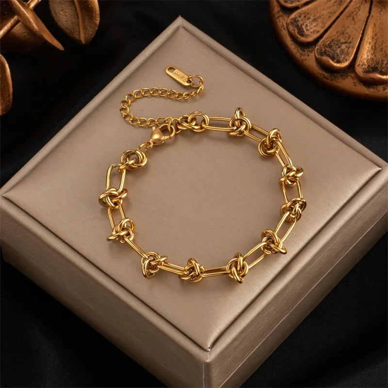Stainless Steel Gold Silver Color Twist Knot Necklace Bracelets For Womens Girl New Fashion Non-fading Jewelry Set Oasis Select Gold bracelet