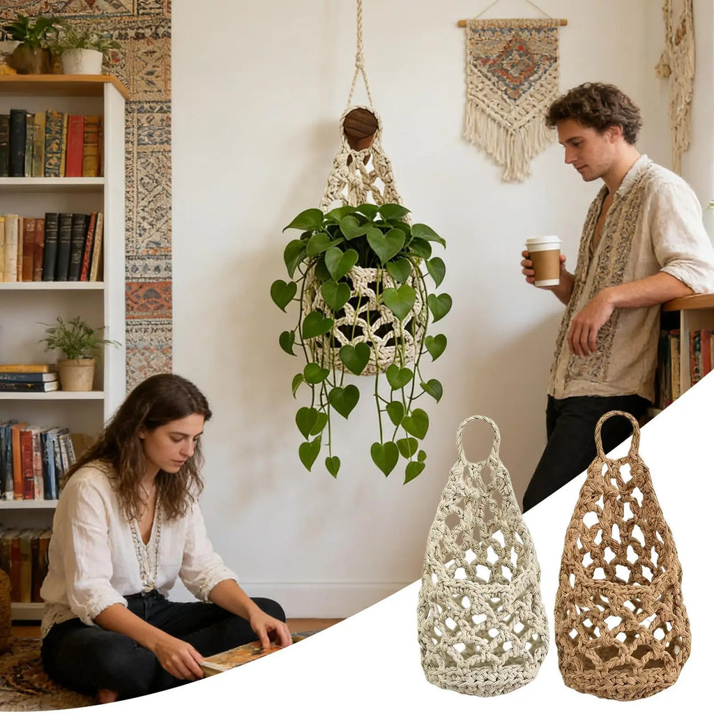 Boho Macrame Plant HangerBasket for Succulents Cotton Rope Woven Hanging Basket with Net Pouch Home Decoration Organizer Oasis Select