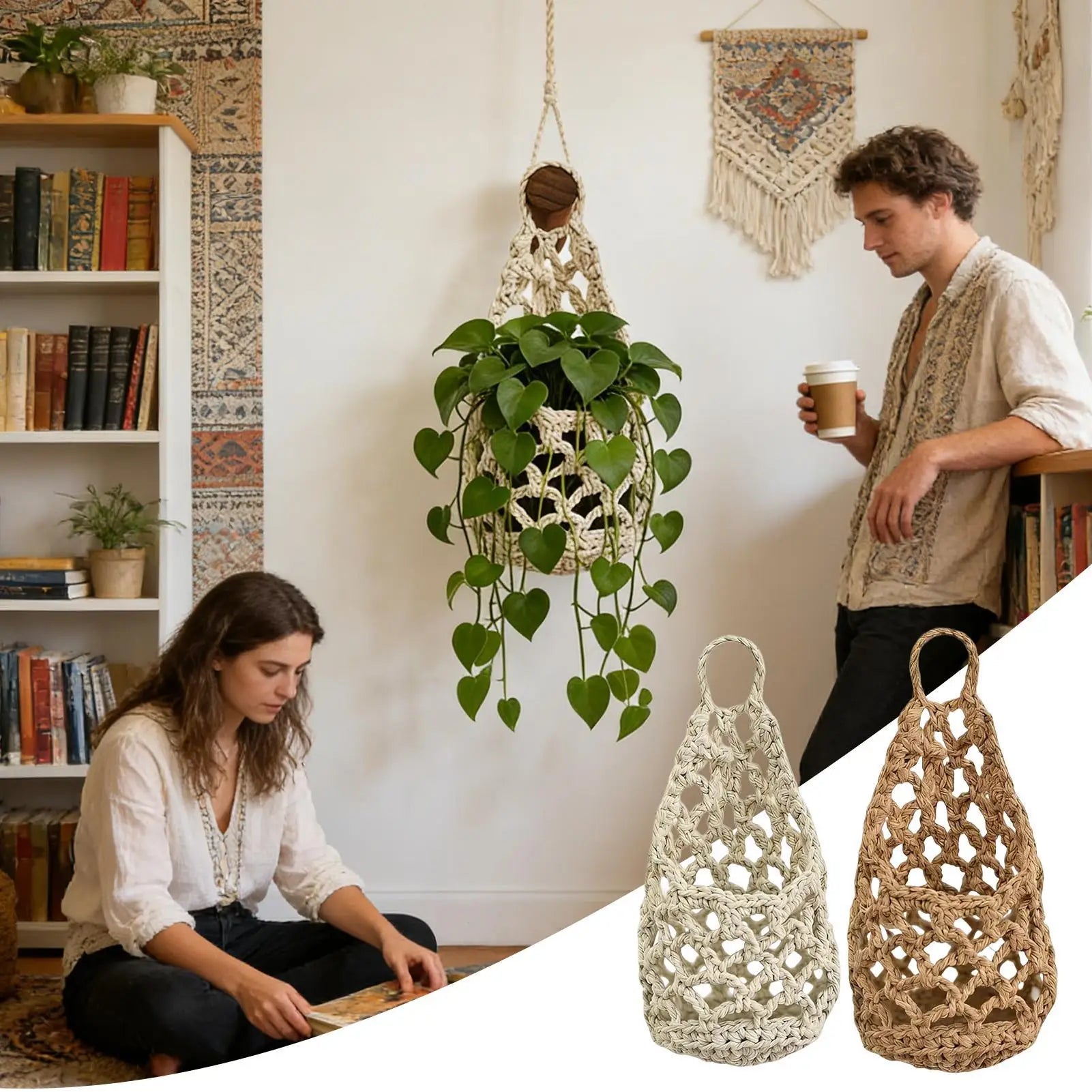 Boho Macrame Plant HangerBasket for Succulents Cotton Rope Woven Hanging Basket with Net Pouch Home Decoration Organizer Oasis Select