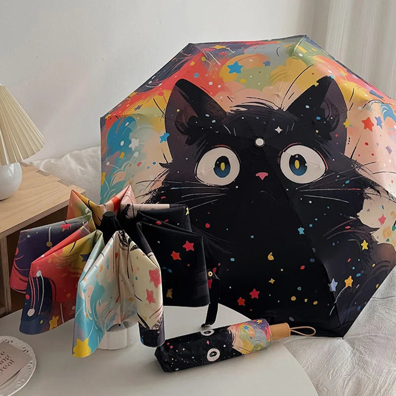 Cute Star Kitten Sunscreen Umbrella Women's Weather Umbrella UV Resistant Sun Umbrella Automatic Portable Folding Umbrella Oasis Select