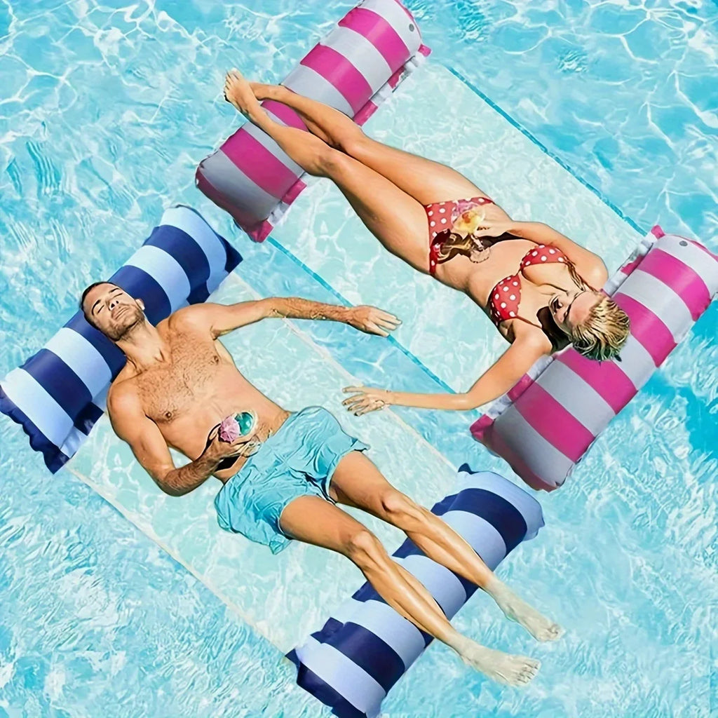 Foldable Striped Inflatable Lounge Chair for Swimming Pool Beach Leisure with Net Backrest Portable Floating Bed Oasis Select