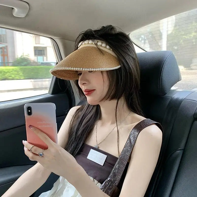 Summer Beach Straw Hat with Pearls for Women Wide Brim Open Crown Elegant Raffia Sun Protection Cap Holiday Essentials Oasis Select