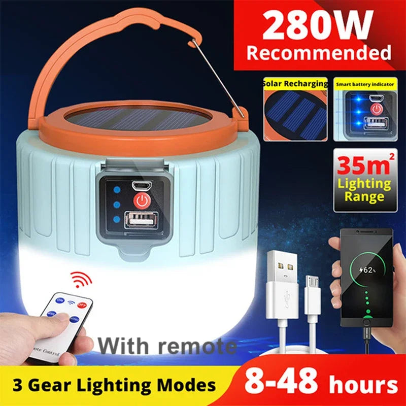 LED Camping Light Waterproof Rechargeable Tent Lamp Portable Lanterns Emergency Lights Market Lamp Energy Saving Bulb Oasis Select 280W Solar Blue