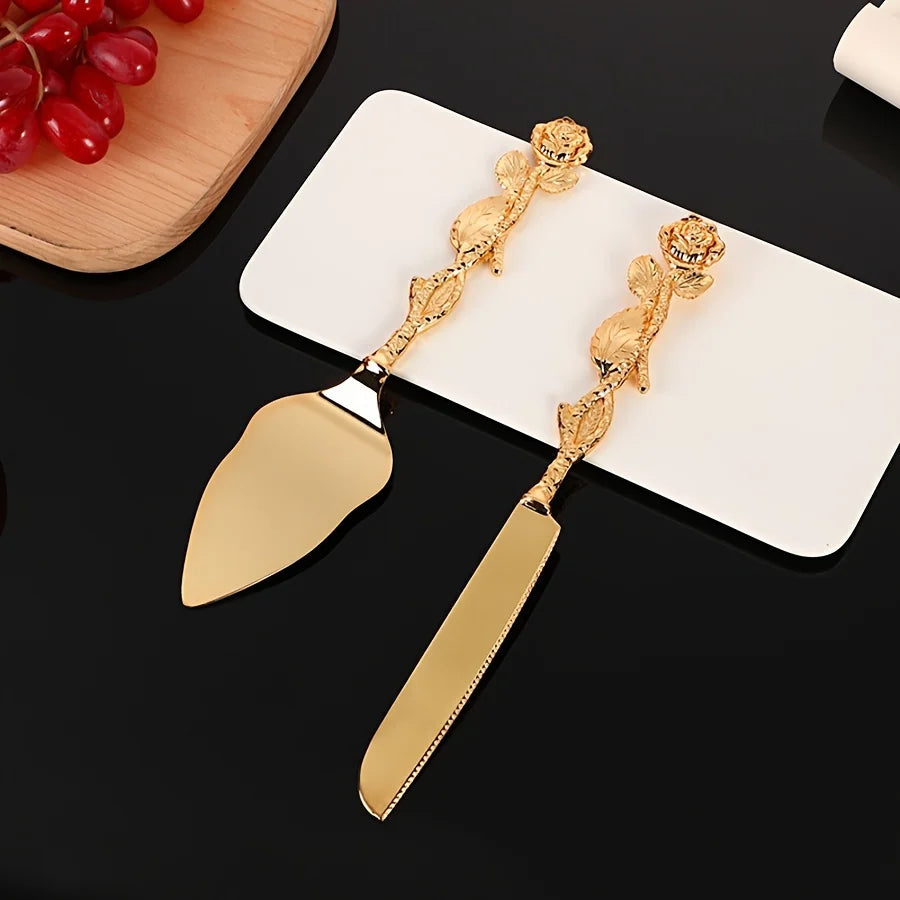 2pcs Set of Golden Color Cake Knife and Spatula Luxury Rose Shaped Handle Cake Knife for Weddings Birthday Party Tableware Gifts Oasis Select