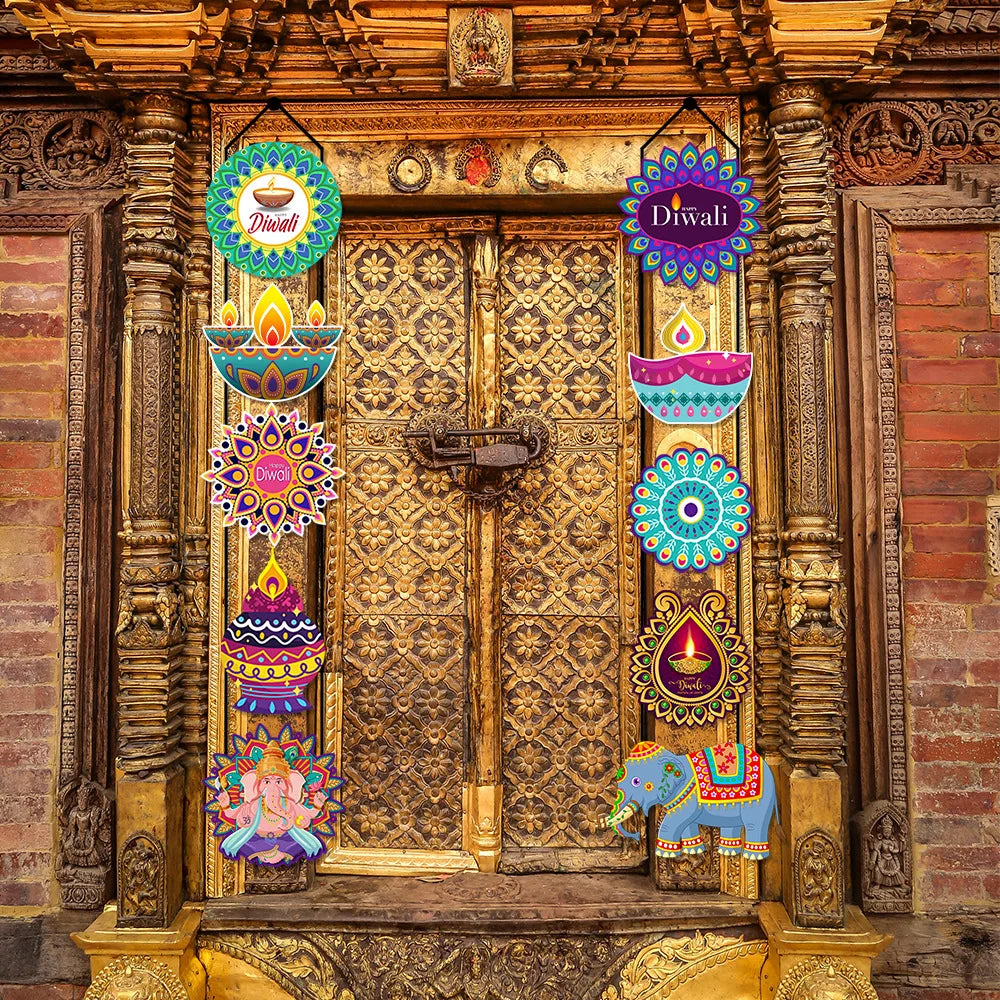 10PCS India Diwali Porch Sign Creative Elephant Couplets Door Hanging India Diwali Party Door Banner Decoration Hanging Flag Oasis Select