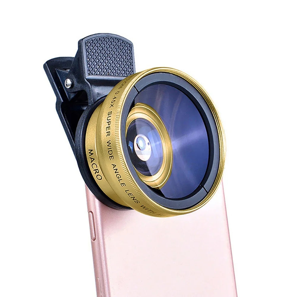 2 IN 1 Lens Universal Clip 37mm Mobile Phone Lens Professional 0.45x 49uv Super Wide-Angle + Macro HD Lens For iPhone Android Oasis Select Gold