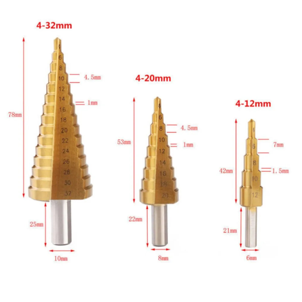 Steel Step Cone Coated Metal Drill Bit Hole Cutter 4-12/20/32mm Straight Groove Step Drill Bit Wood Metal Hole Cutter Core Drill Oasis Select