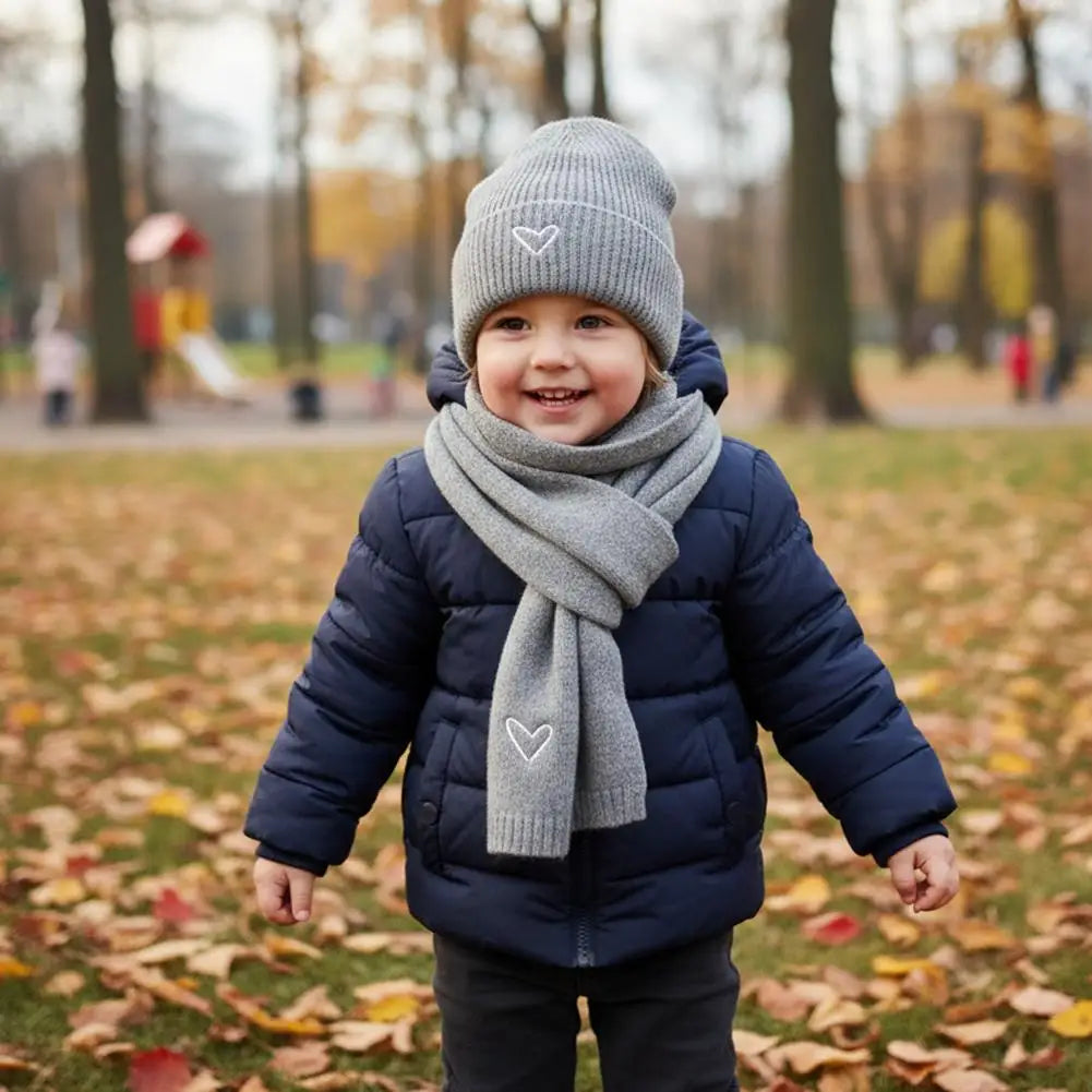 Winter Warm Solid Color Kids Knitted Hat Scarf Love Heart Embroidery Autumn Baby Beanie Outdoor Anti-cold Boys Girls Cap Scarves Oasis Select