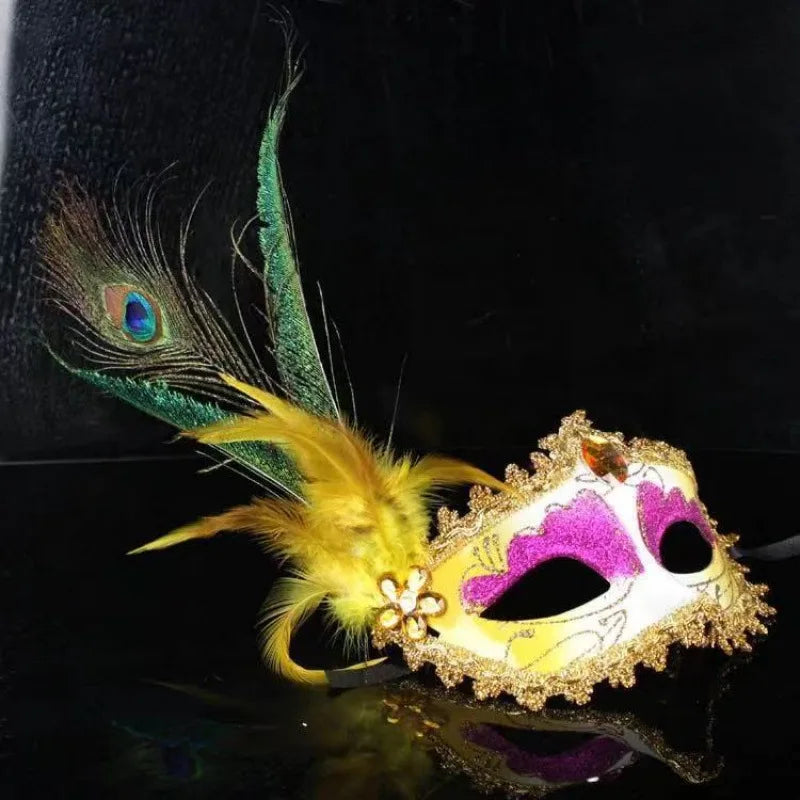Masquerade Mask Women Peacock Feather Mask Mardi Gras Mask Fashion Blue Green Metal Shiny Rhinestone Halloween Party Oasis Select Yellow