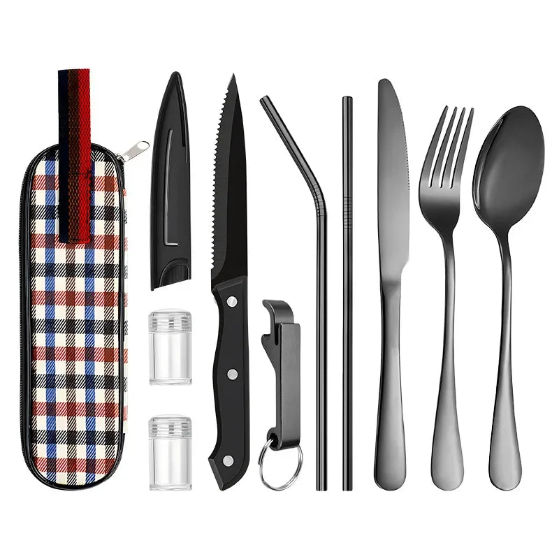Tableware Stainless Steel Cutlery Knife Fork Spoon Steak Knife Spice Bottle Straw Outdoor Travel Portable Set Oasis Select Black