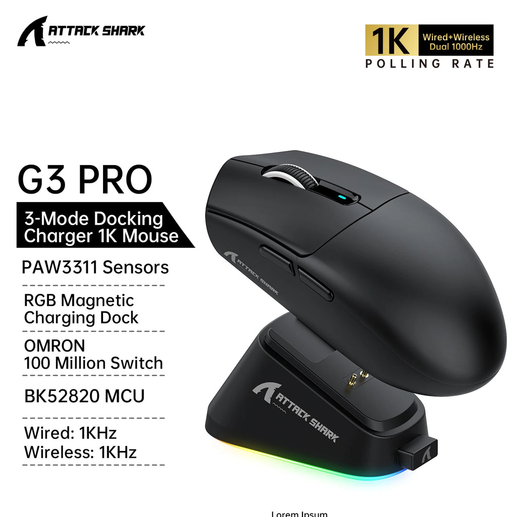 ATTACK SHARK G3 PRO Wireless Gaming Mouse Superlight PAW3311 25000DPI Tri-Mode Bluetooth Wired RGB Charging Dock Large Battery Oasis Select G3PRO Black