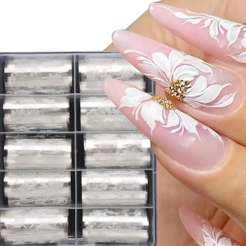 10Roll/Box Plaid/Flower Nail Foil Transfer Stickers for Nail Art Self-Adhesive Nail Decals Foil Paper Decals Nail Supplies Decor Oasis Select