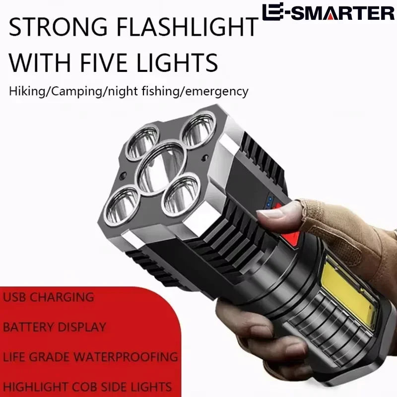 5-LED Rechargeable Camping Flashlight with Side Light & 3 Modes