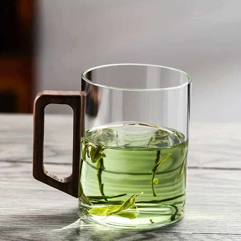 1/2pcs 400ml Glass Cups with Walnut Handle Household Heat-resistant Mug Large Capacity Tea Making Cup Office Drinking Glasses Oasis Select 1PC Transparent 400ML