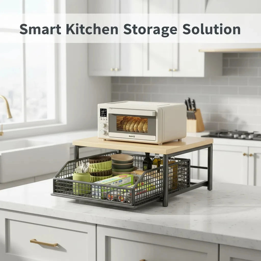 Metal and Wood Microwave Rack with Pull Out Drawer Multi Layer Countertop Kitchen Organizer for Coffee Maker Utensils and Tea Oasis Select