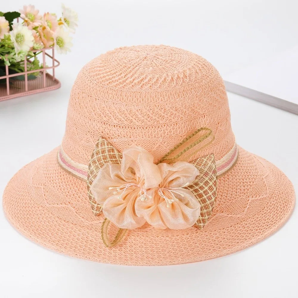 Women Fashion Wide Brim Straw Hat Bow Flowers Sun Protection Sun Hat Leisure Foldable Sunscreen Beach Hat Women Oasis Select Pink