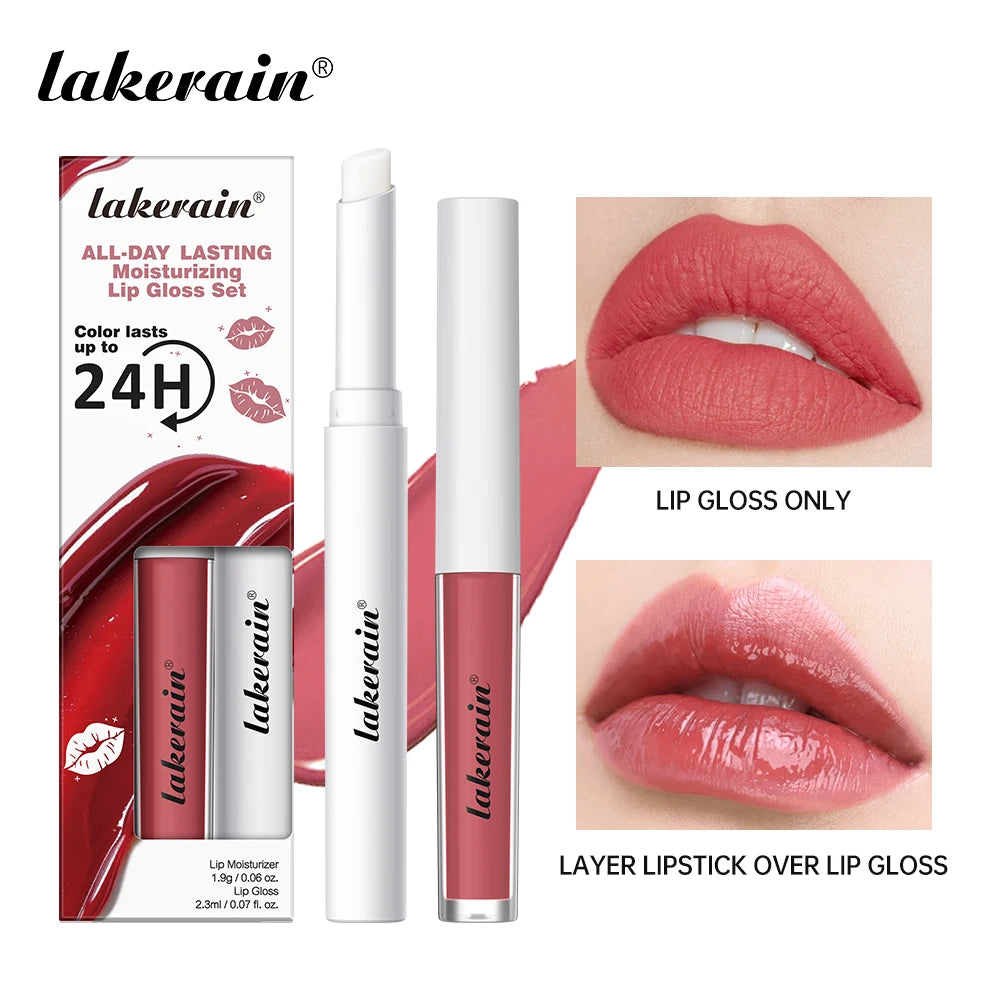 Lakerain Moisturizing Lip Gloss 2-in-1 Set Waterproof Sweat-proof Matte Topcoat Finish Long Lasting Moisturizing Smooth Lip Skin Oasis Select