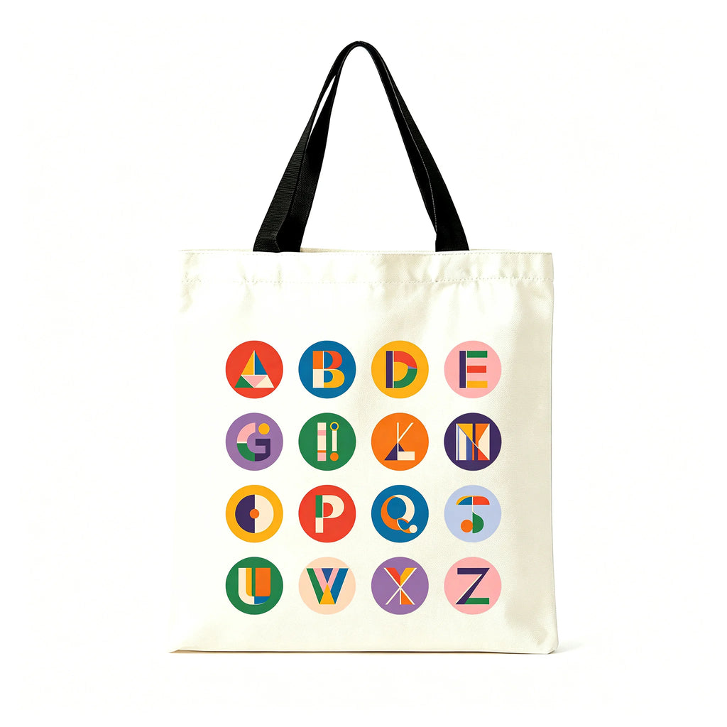 Vibrant Geometric Alphabet Canvas Tote Bag Large Cotton Shoulder Bag Student Travel Shopping Handbag Color Handle Oasis Select Black