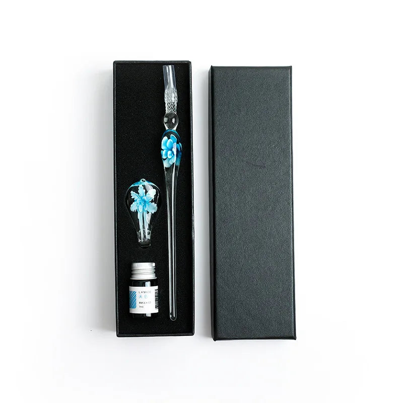 Embedded flower glass pen set, colored dipping pen, street vendor gift box, signature pen, glass pen gift Oasis Select GRAY