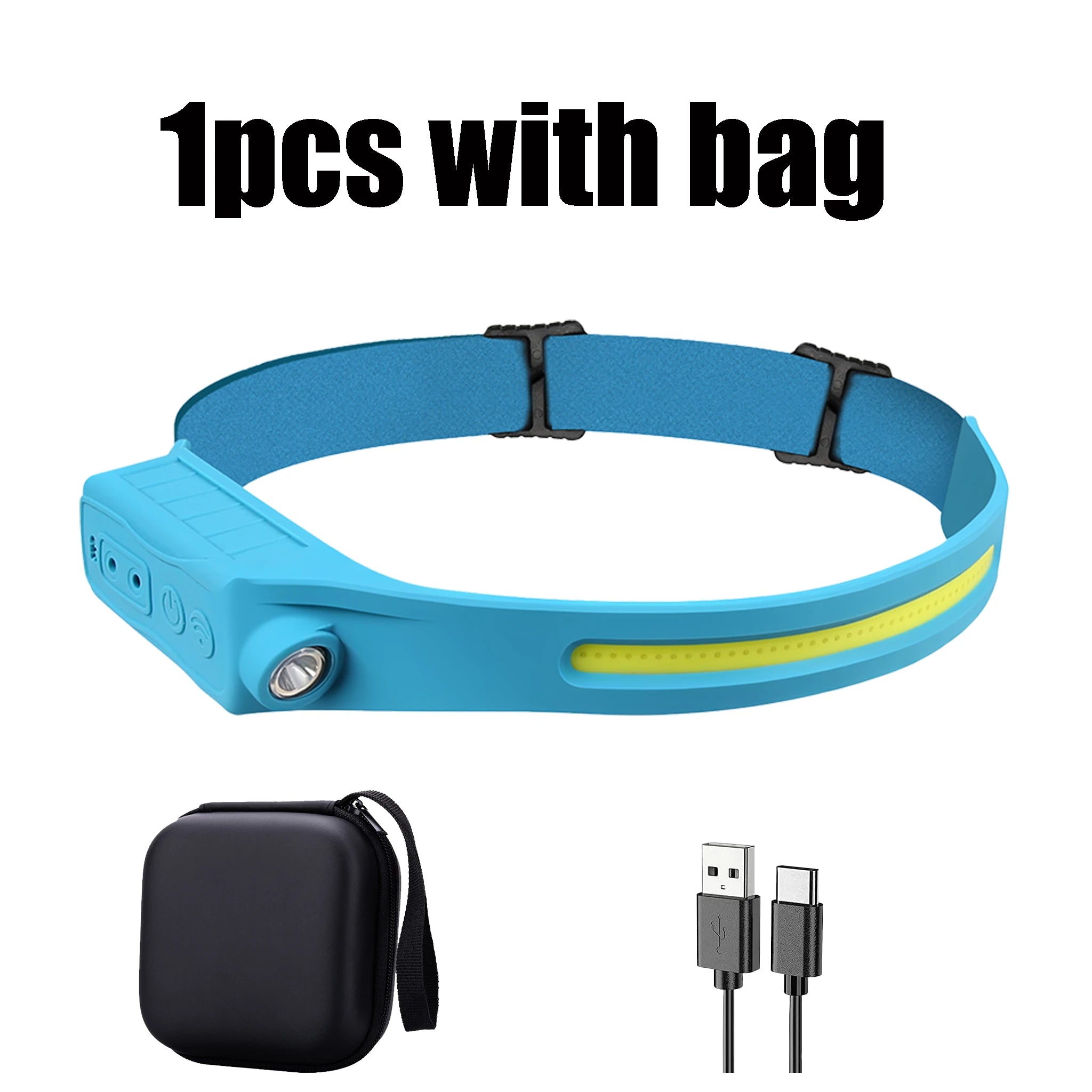 Powerful COB LED Sensor Headlamp USB Rechargeable Headlight Head Torch Work Light Head Flashlight for Fishing Lantern Camping Oasis Select Blue with bag