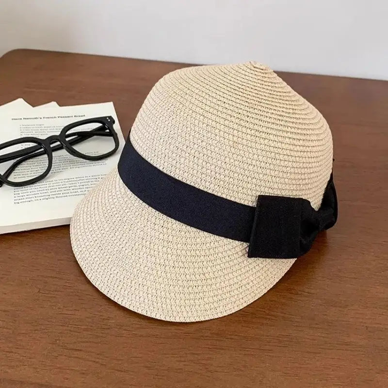 Women's Summer Straw Hat French Flat Top Vintage Bow Sun Visor Cap For Outdoor Travel Beach Vacation Sunscreen Headwear Oasis Select Beige