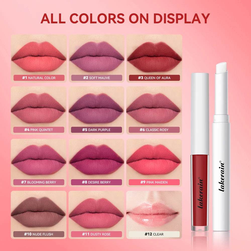 Lakerain Moisturizing Lip Gloss 2-in-1 Set Waterproof Sweat-proof Matte Topcoat Finish Long Lasting Moisturizing Smooth Lip Skin Oasis Select