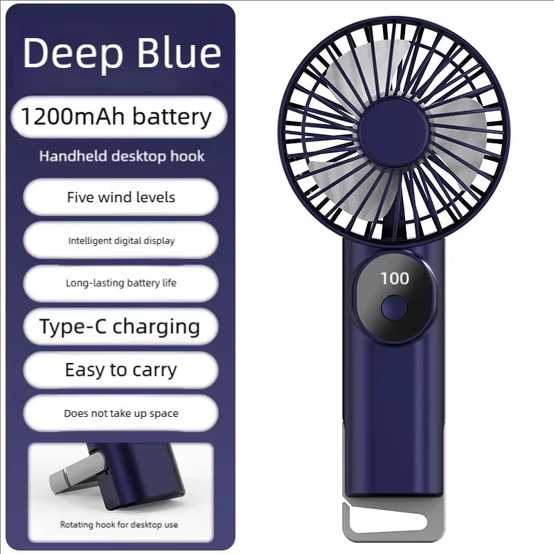 5 Speed Adjustable Handheld Fan LED Digital Display 13500RPM High Speed 1200mAh Rechargeable Portable Pocket Fan With Carabiner Oasis Select Blue