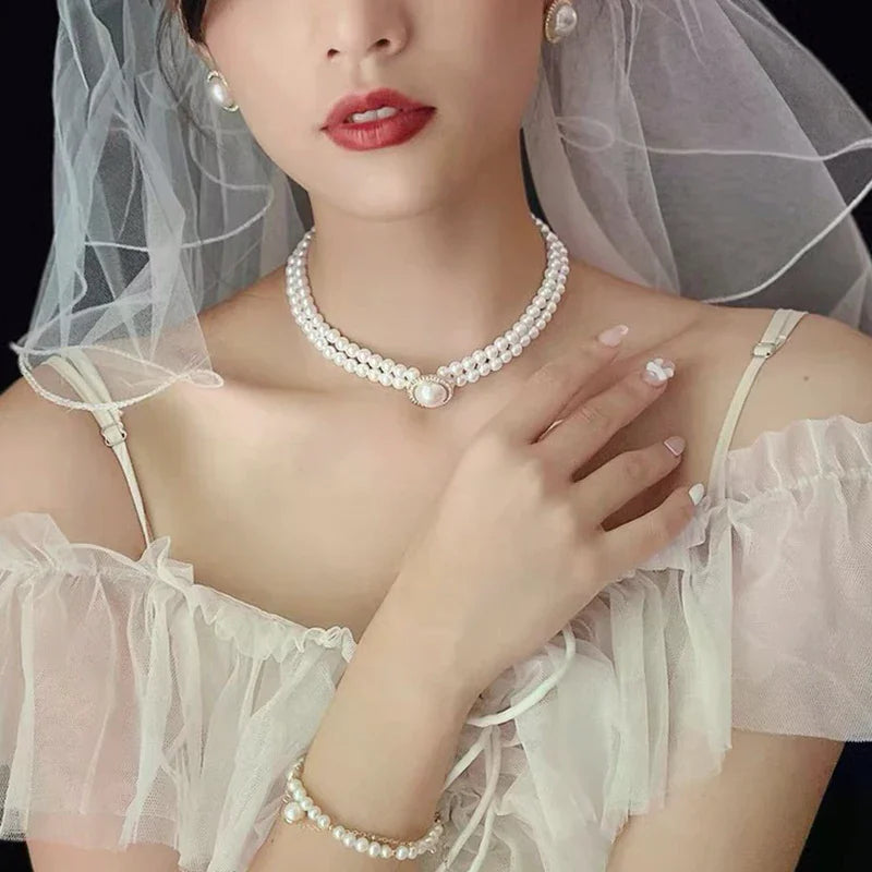 3pcs Fashion Double Layer Pearl Pendant Necklace Earrings Jewelry Set Ladies Banquet Wedding Jewelry Accessories Gift Oasis Select