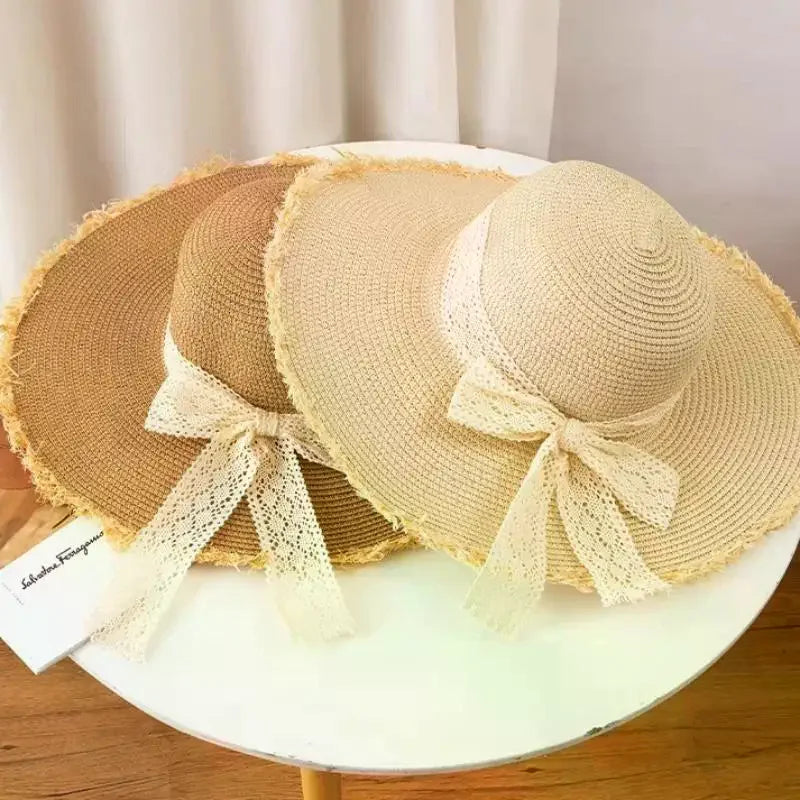 Women Bow Decor Oversize Big Brim Straw Hat Summer Outdoor Sun Block UV Protection Hat Lightweight Breathable Beach Headwear Oasis Select