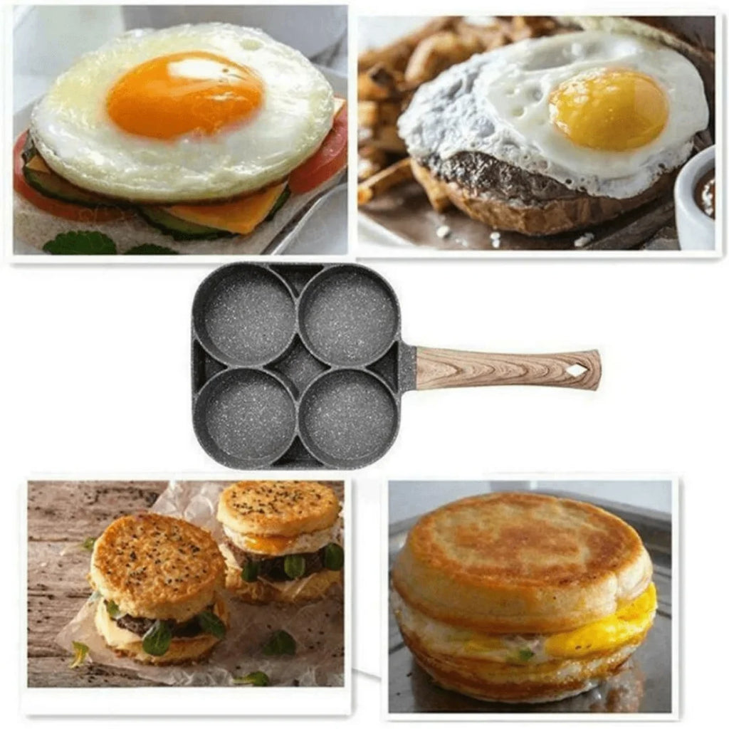 Frying pan, non-stick ham pancake maker, egg burger pan, with wooden handle, 4-hole, suitable for induction cooktops and gas sto Oasis Select
